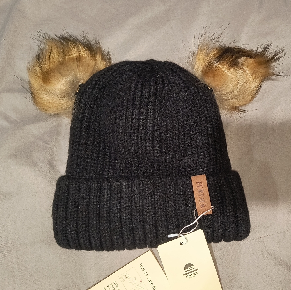 Furtalk Beanie Cap Womens Black Knit Pompom Ski Wear  Casual Skiwear.